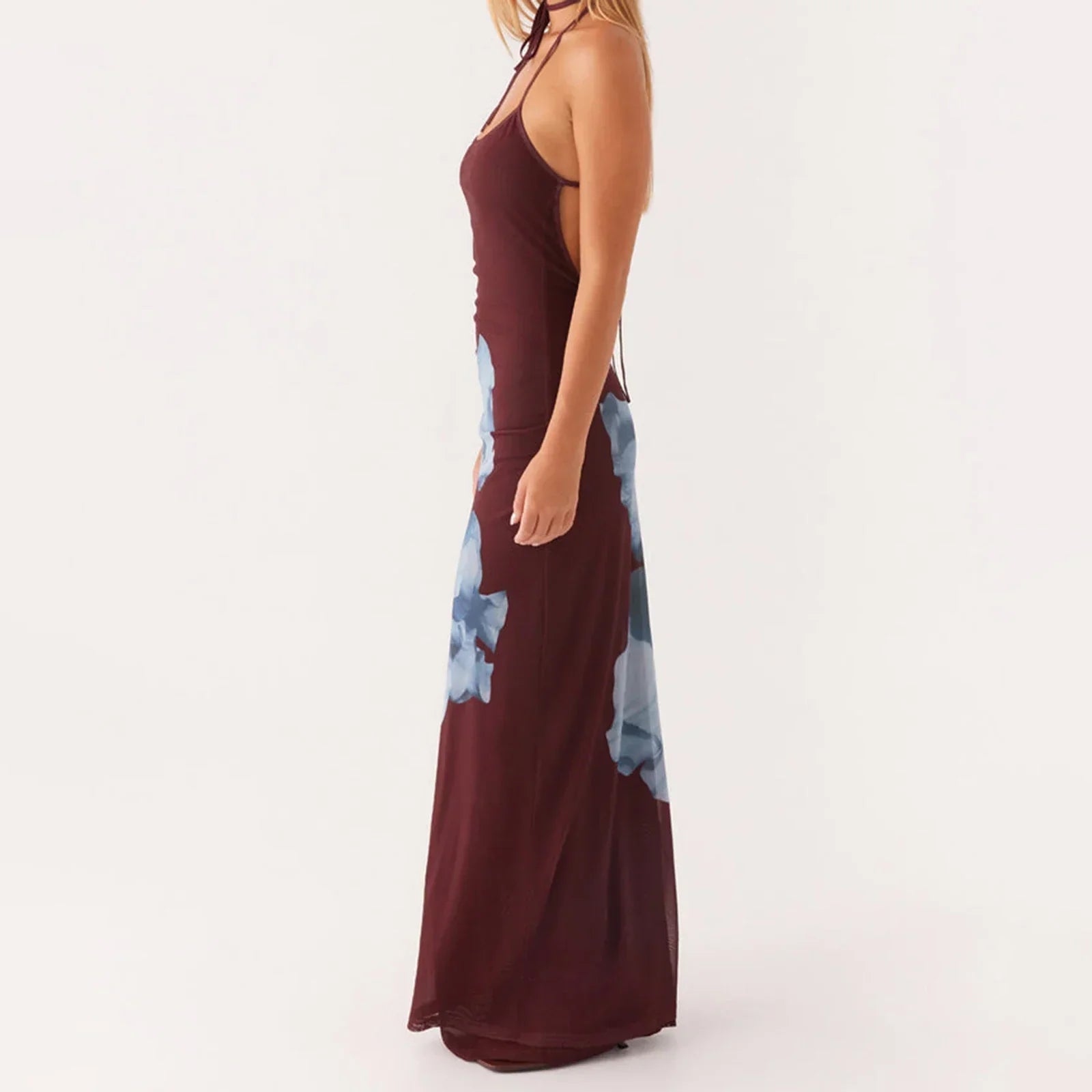 Floral Spaghetti Strap Lace Up Open Back Bodycon Maxi Dress