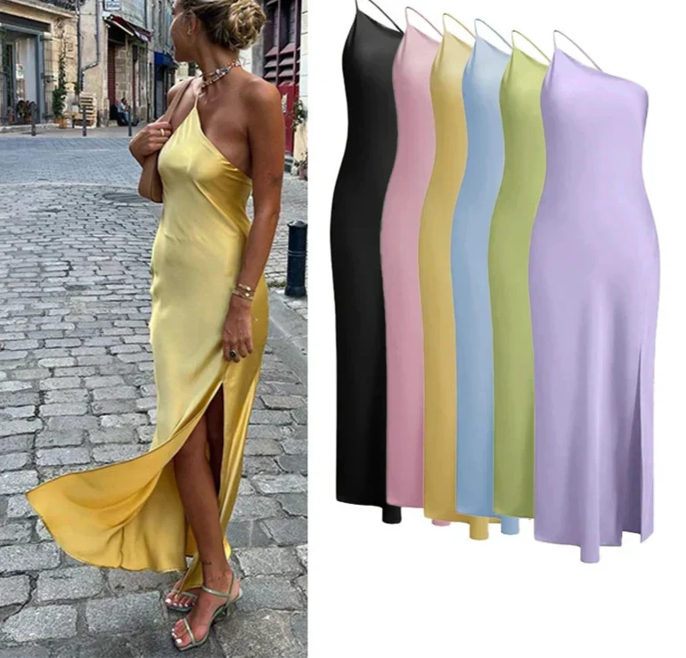 Backless Satin Slant Shoulder Solid Slit Long Dress - View 7
