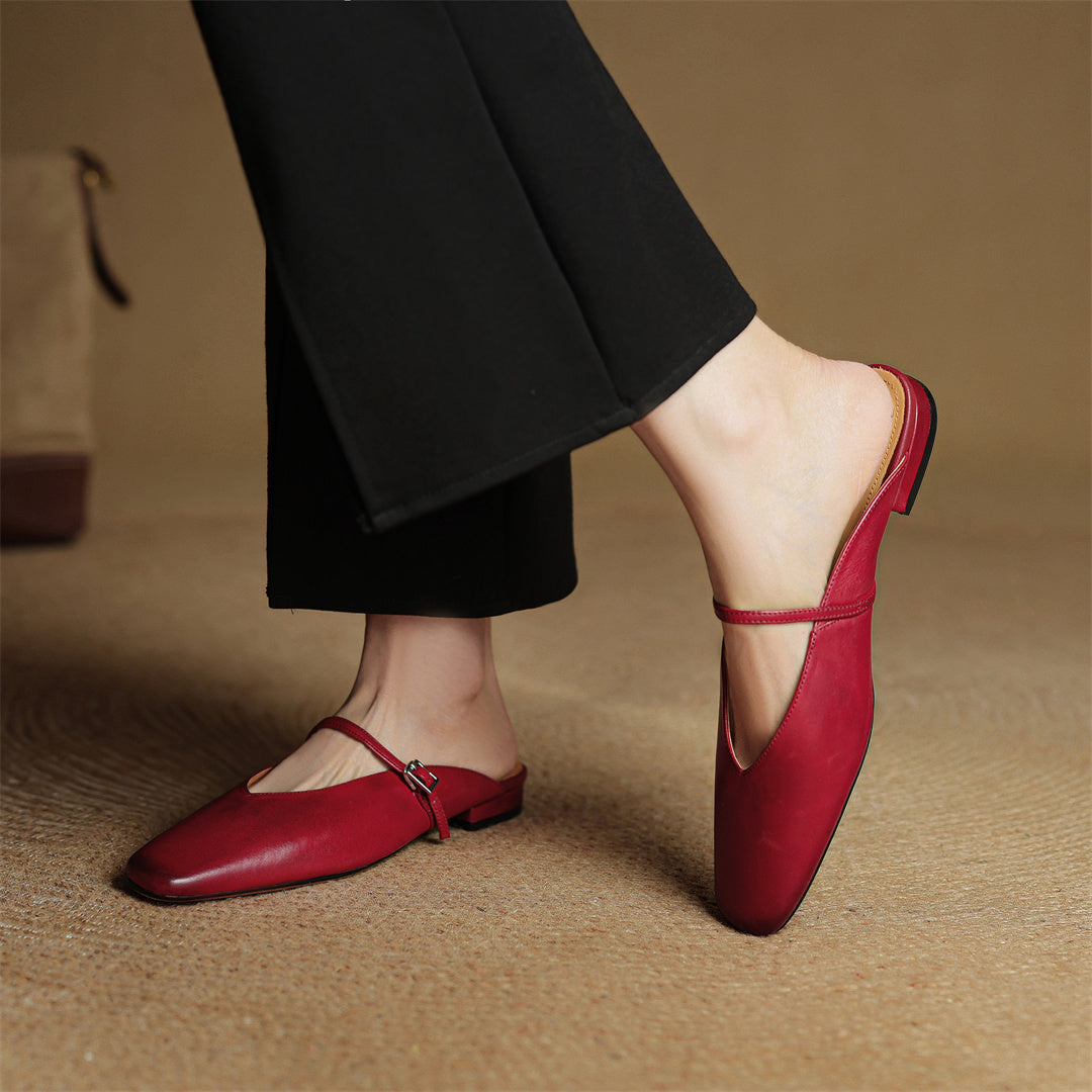 Square Toe Buckle Strap Flat Mules