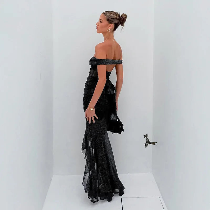 Mesh Ruffled Gray Off - shoulder Long Dress - View 6