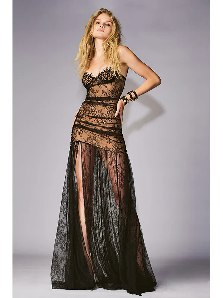 Spaghetti Strap Folds Split Elegant Lace Dress