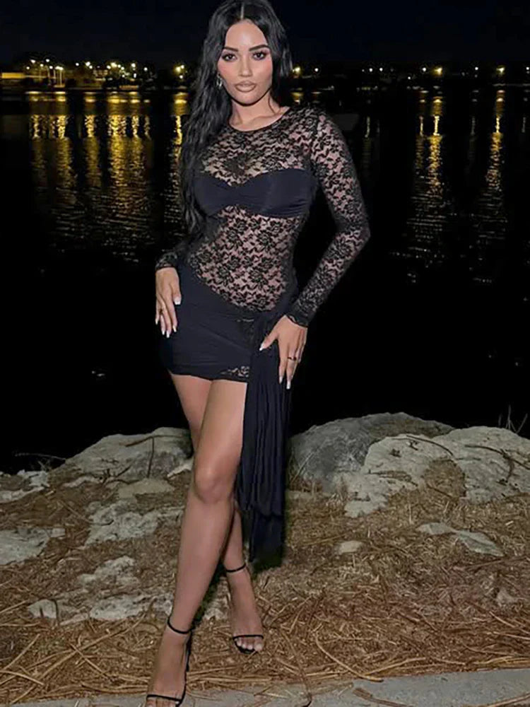 Floral Lace Overlay Tie Front Long Sleeve Bandage Mini Dress