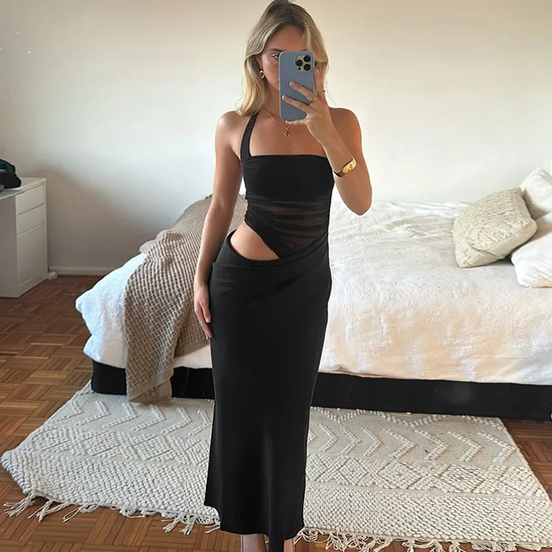 Mesh Halter Neck Backless Ruched Bodycon Maxi Dress