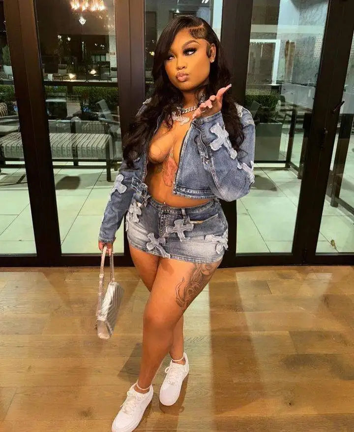 Denim Mini Cargo Elegant Jeans Club Two Piece Skirt Set