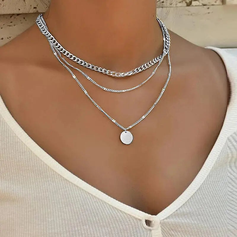 Layered Chain Coin Pendant Necklace