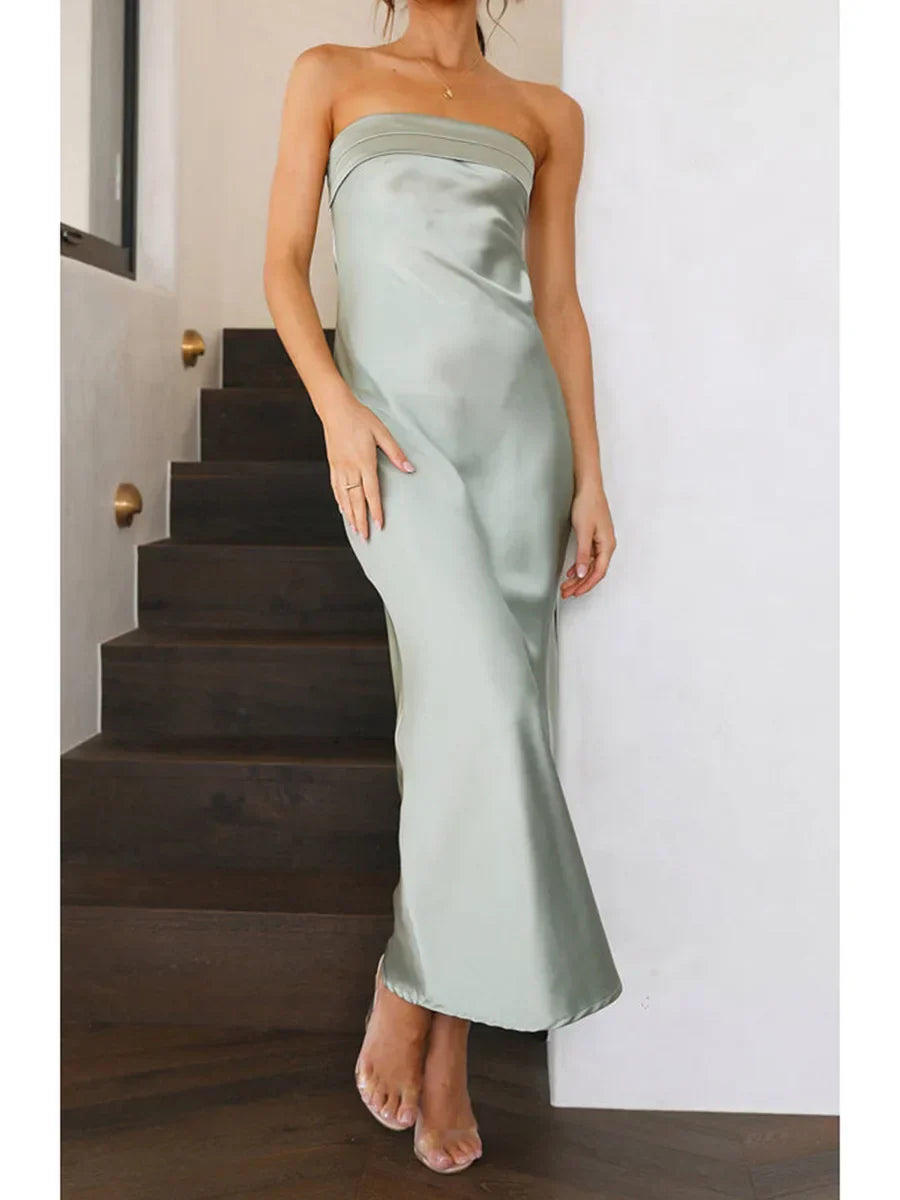 Satin Strapless Fold Over Bust Column Slip Maxi Dress