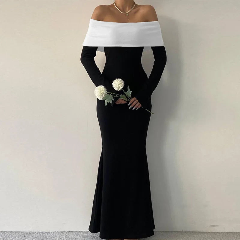 Black & White Off - the - Shoulder Maxi Dress with Long Sleeves