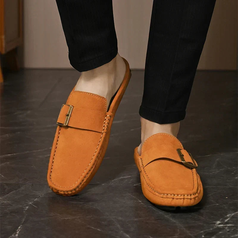 Suede-Look Buckle Backless Loafer Mules