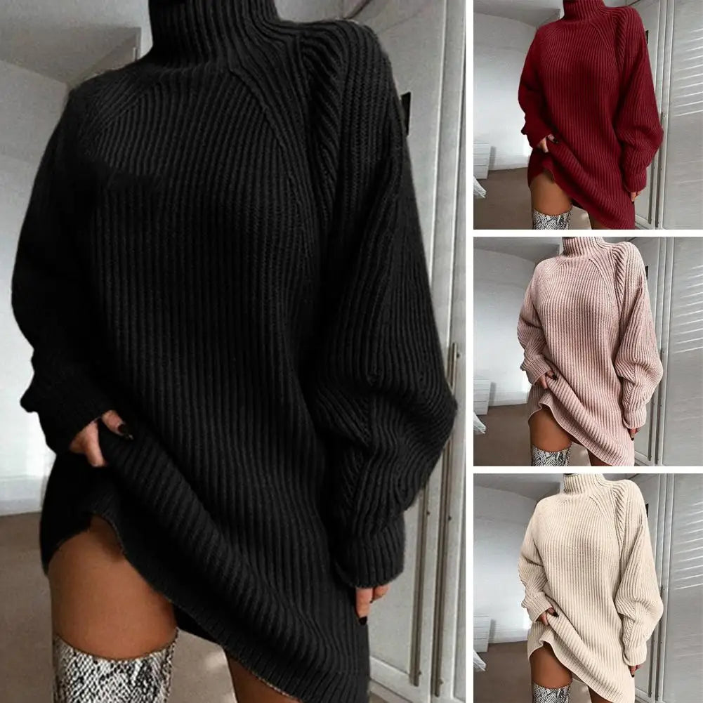 Turtleneck Long Sleeve Ribbed Sweater Dress
