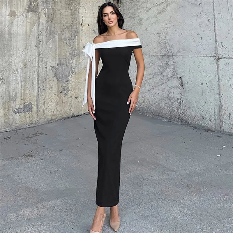 Contrast Trim Off Shoulder Bow Sash Bodycon Midi Dress 17