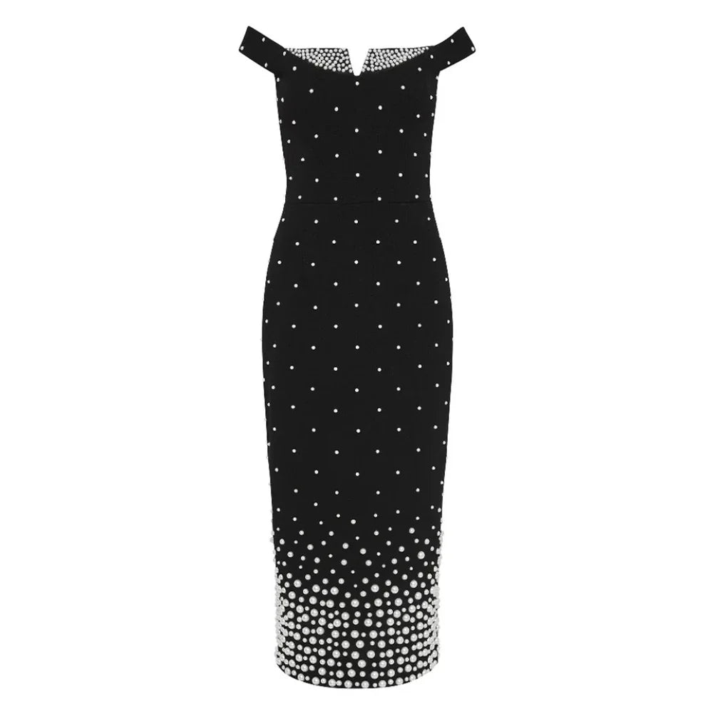 Pearl Trim Off Shoulder V Notch Beaded Gradient Hem Bodycon Midi Dress