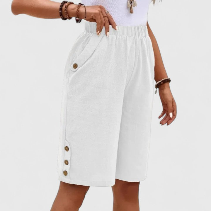 High Waist Side Button Knee Length Bermuda Shorts