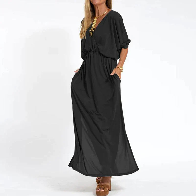 Guadalupe Exclusive Long Vintage Dress with Side Slit and High Waist Hen Chic Silhouette Collection