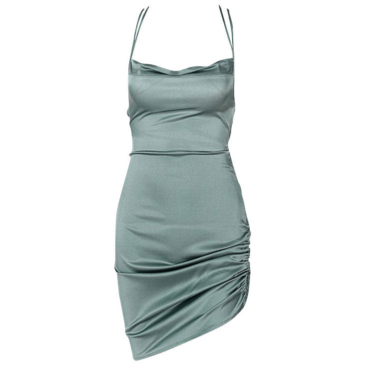 Satin Cowl Neck Spaghetti Strap Ruched Side Gathered Asymmetric Hem Bodycon Mini Dress
