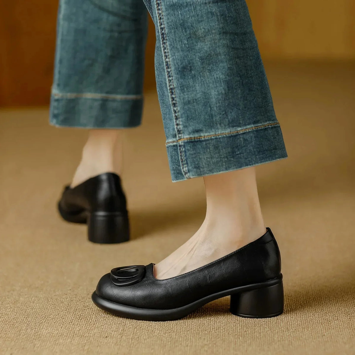 Round Toe Slip On Buckle Block Heel Pumps