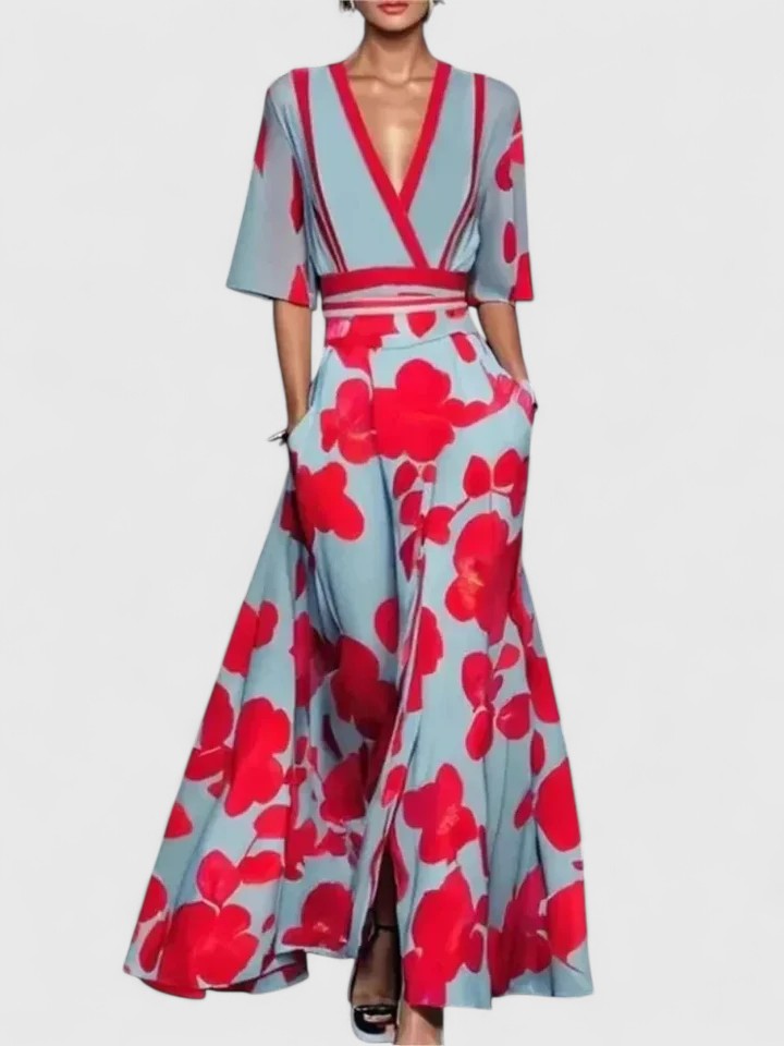 Floral Flutter Sleeve Wrap Top and Maxi Skirt Two Piece Set