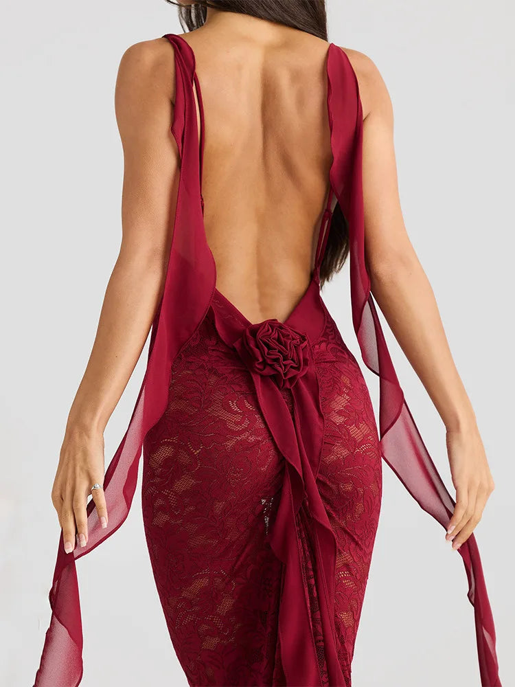 Floral Lace Backless Open Back Rosette Draped Train Maxi Gown
