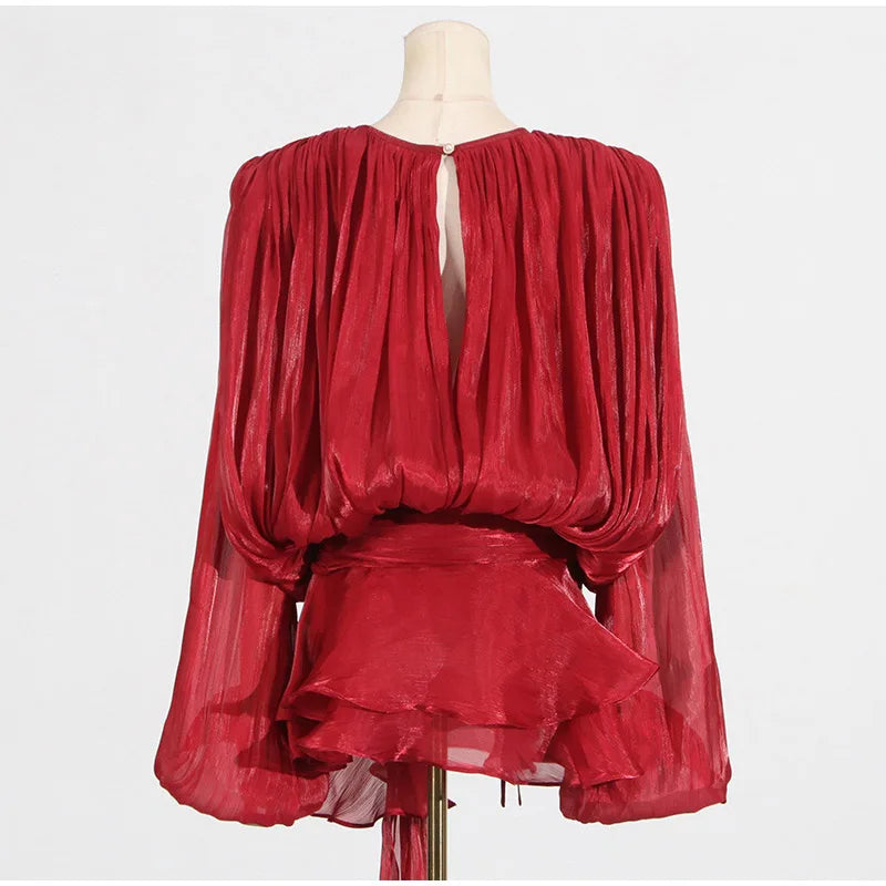 Pleated Chiffon Tie Neck Lantern Sleeve Sash Waist Ruffle Mini Dress 10