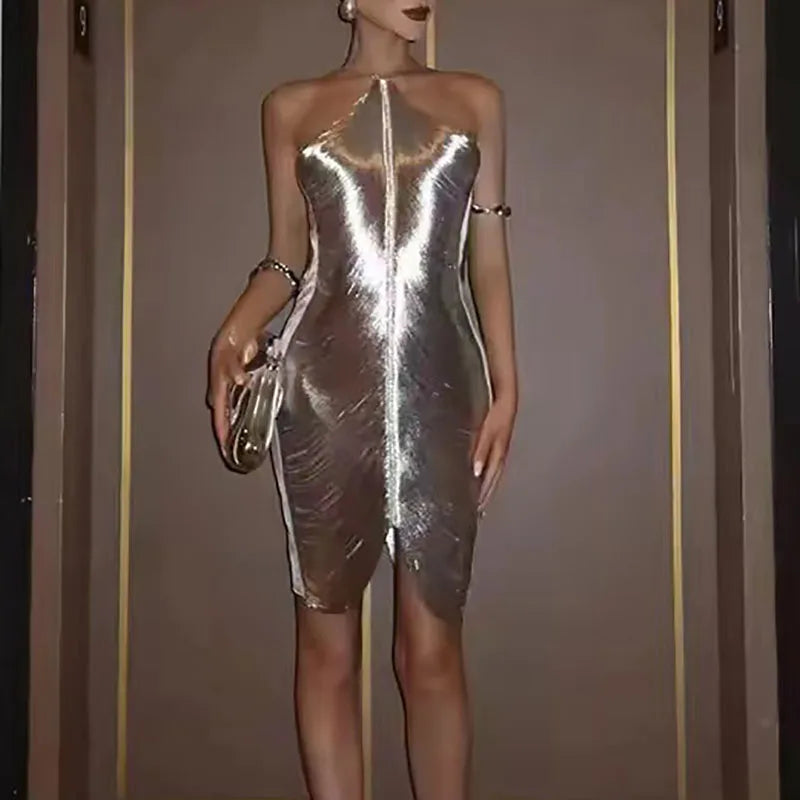 Metallic Halter Neck Backless Bodycon Mini Dress