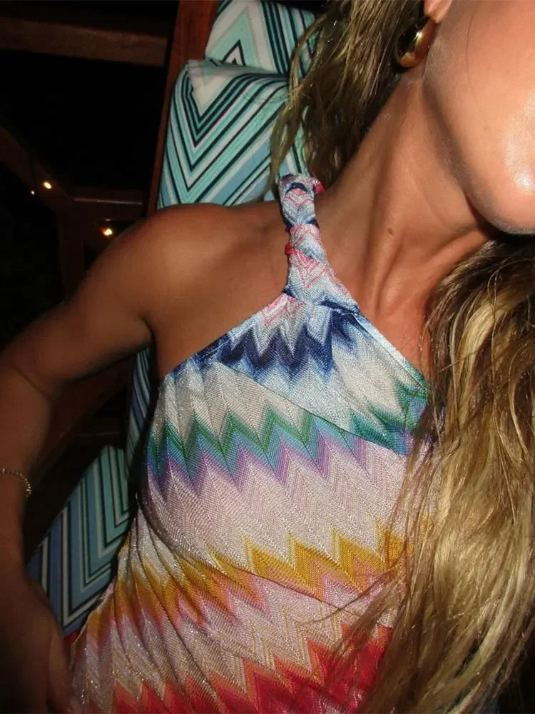 One Shoulder Chevron Crochet Knit Ruched High Split Bodycon Maxi Dress