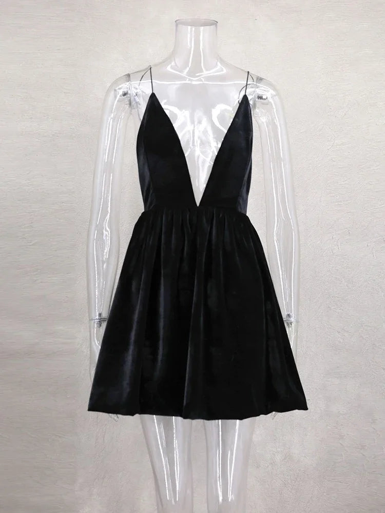 Velvet Deep V-Neck Spaghetti Strap Bubble Hem Mini Dress 15