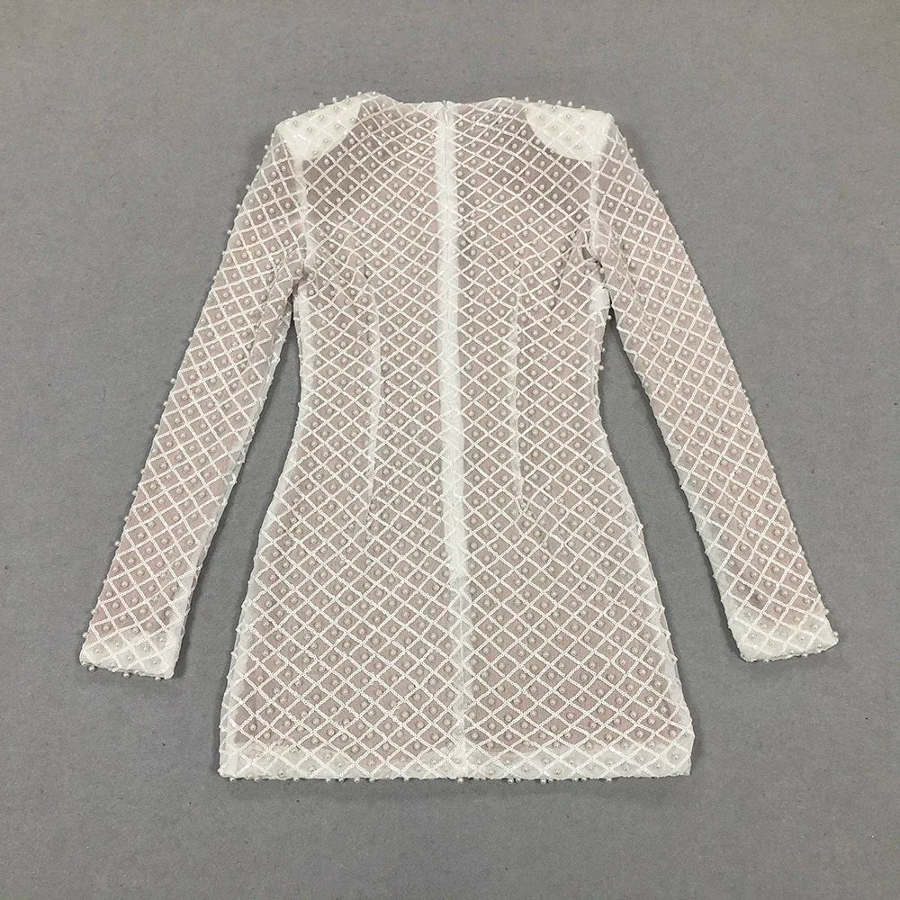 Pearl Beaded Long Sleeve Keyhole Bow Bodycon Mini Dress