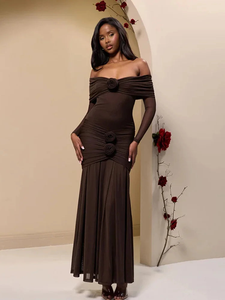 Off Shoulder Long Sleeve Rosette Mermaid Gown