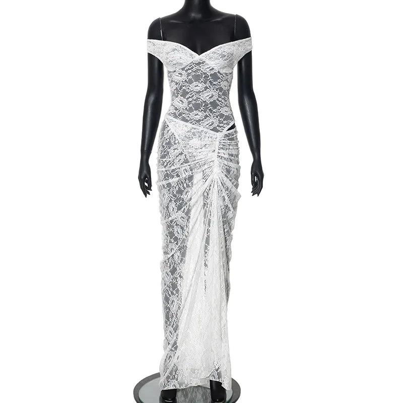 Lace Off Shoulder Sweetheart Corset Hip Cut Out Ruched Maxi Gown
