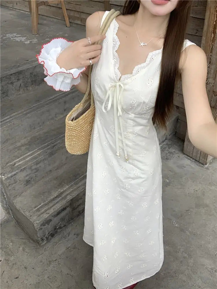 Eyelet V-Neck Lace Trim Slip Midi Dress Summer 10