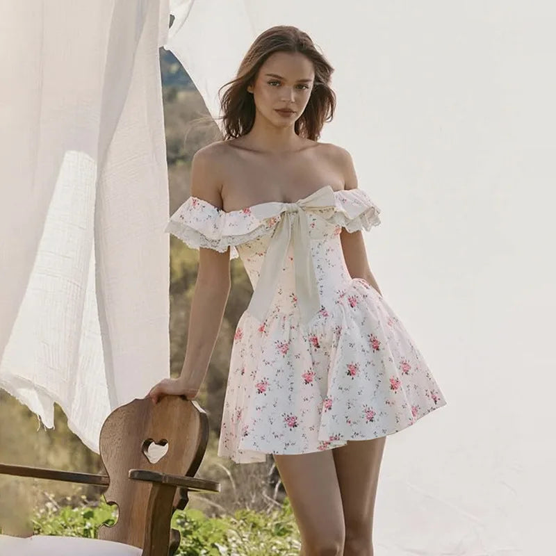 Pleated Wrap Print Aline Off Shoulder Summer Dress
