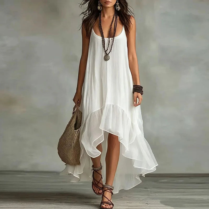 Chiffon Spaghetti Strap Ruffle High Low Maxi Dress Summer