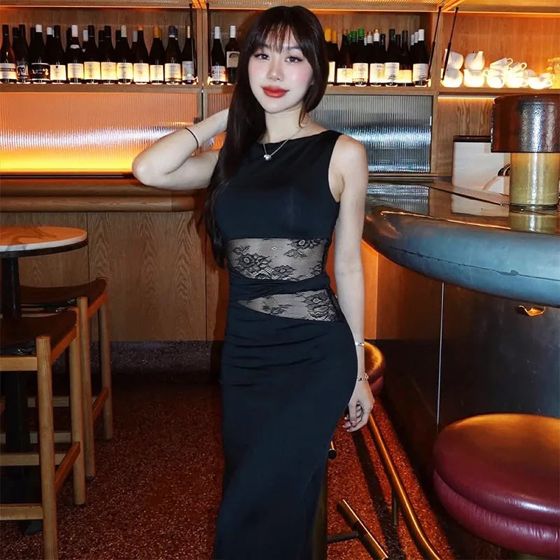 Asymmetric Neck Cap Sleeve Lace Waist Panel Bodycon Maxi Dress 17