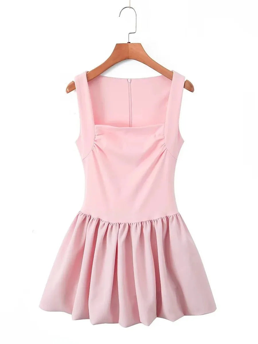 Spring Pink Sweet Mini Dress Women Square Collar Sleeveless Short A line Vestidos Elegant Fashion Casual Female Dresses 2025