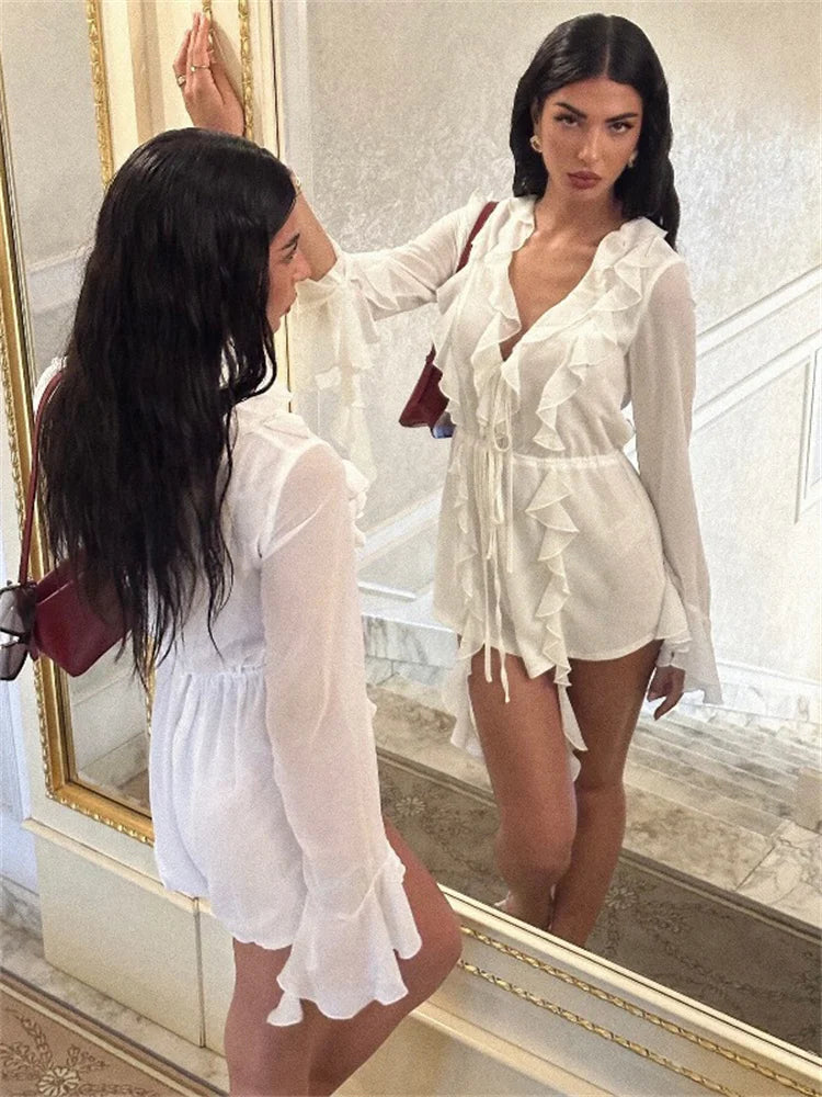 Chiffon Deep V-Neck Long Sleeve Ruffle Lace Up Mini Dress
