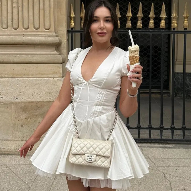 Deep V-Neck Puff Sleeve Corset Fit and Flare Mini Dress
