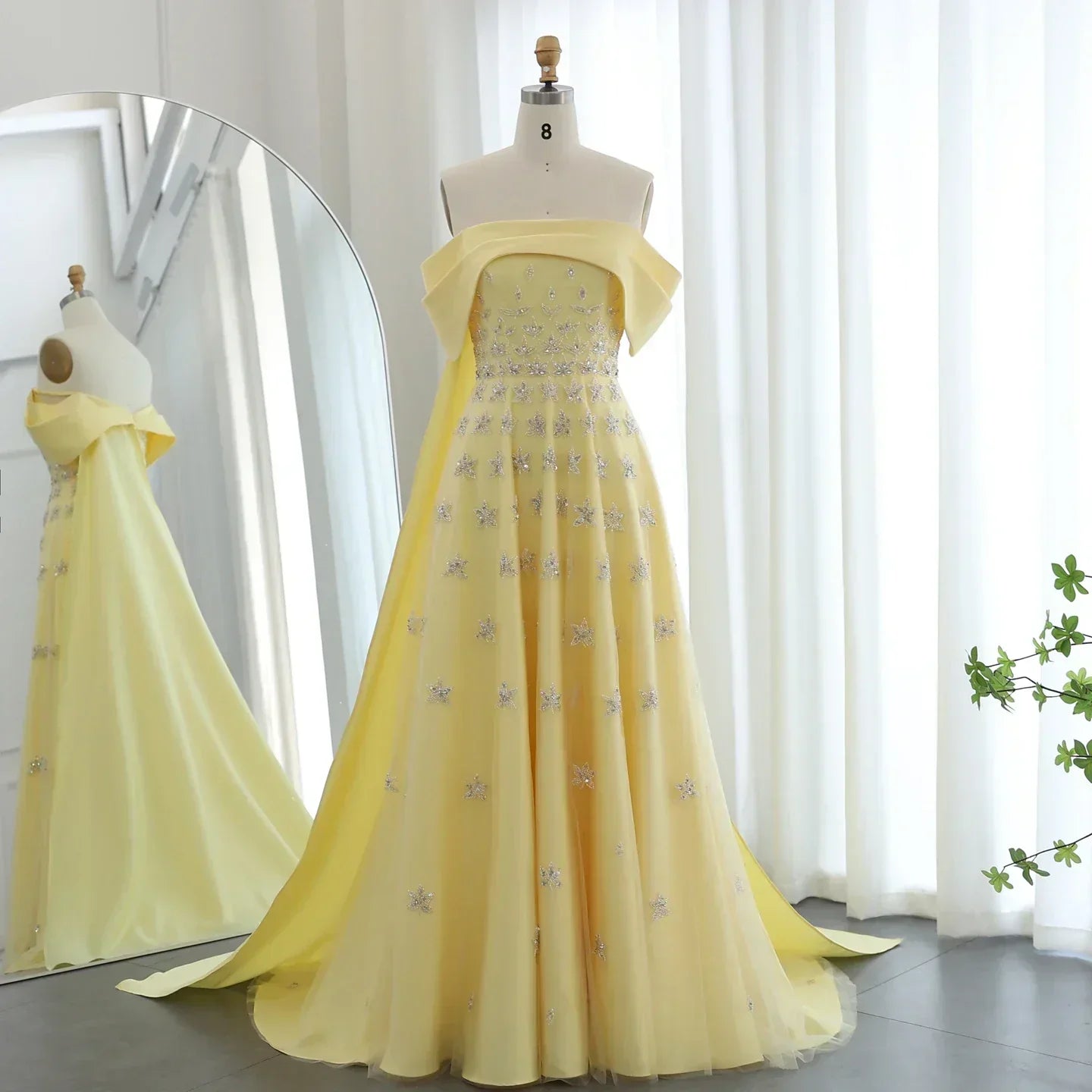 Off Shoulder Rhinestone Floral Beaded Tulle Cape Train A-Line Maxi Gown