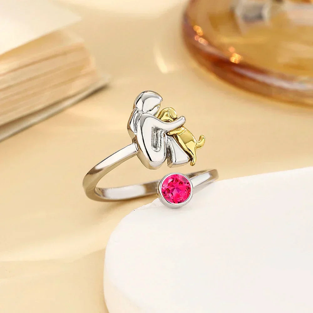 Two Tone Dog Hug Cubic Zirconia Open Adjustable Ring
