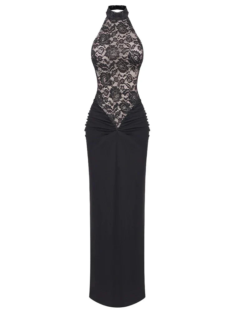 Lace Bodice Halter Neck Sleeveless Ruched Waist Fitted Maxi Dress 7
