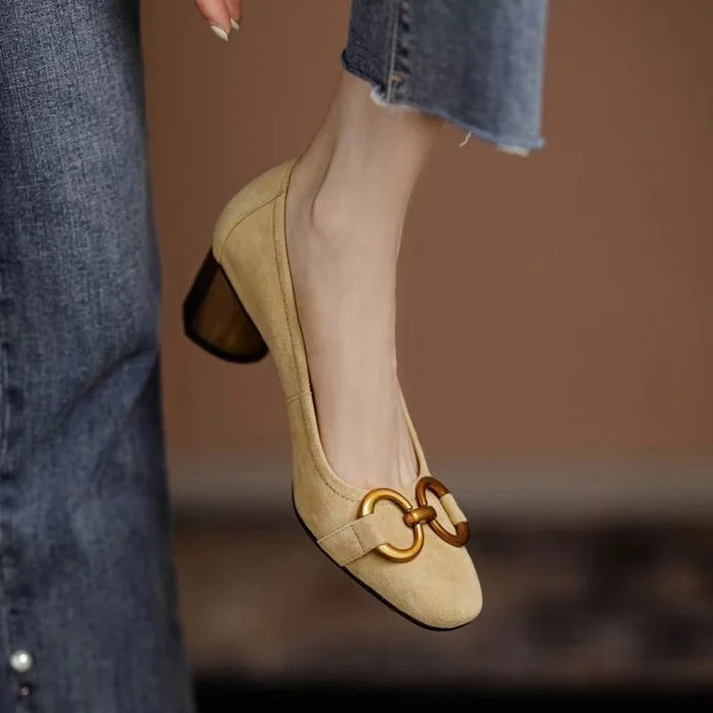 Suede Look Square Toe Metal Buckle Block Heel Pumps