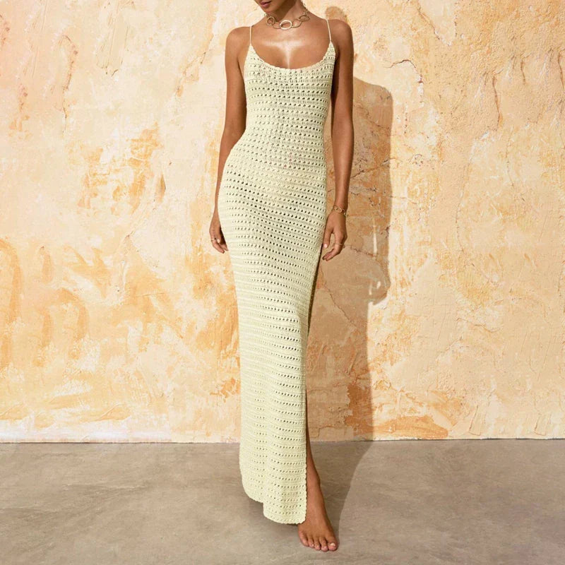 Crochet Knit Spaghetti Strap Scoop Neck Bodycon Maxi Dress