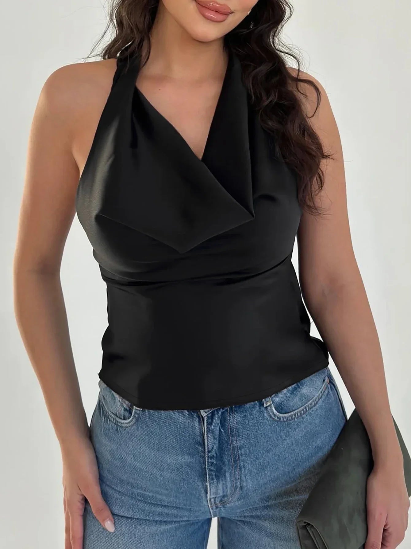 Halter Lace Up Ruched Solid Cami Top