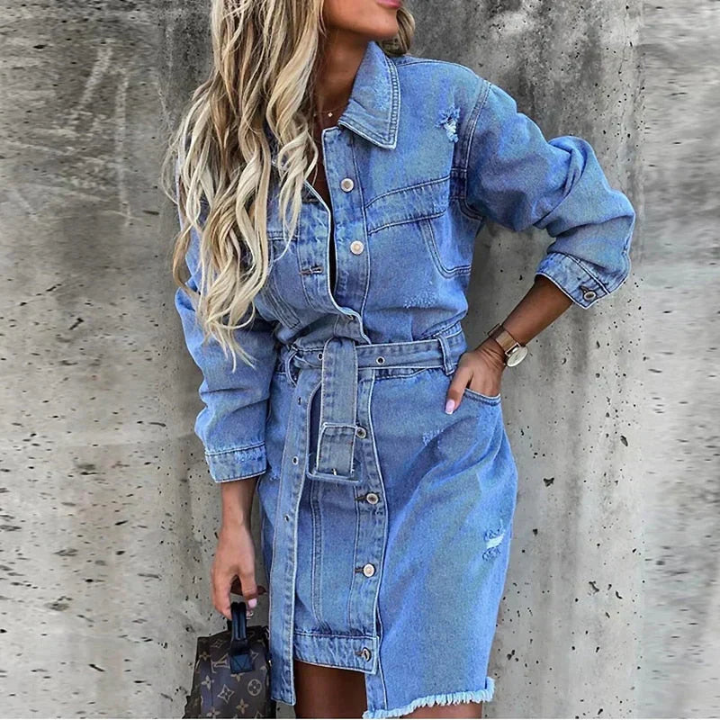 Distressed Belted Button Front Long Sleeve Denim Mini Dress