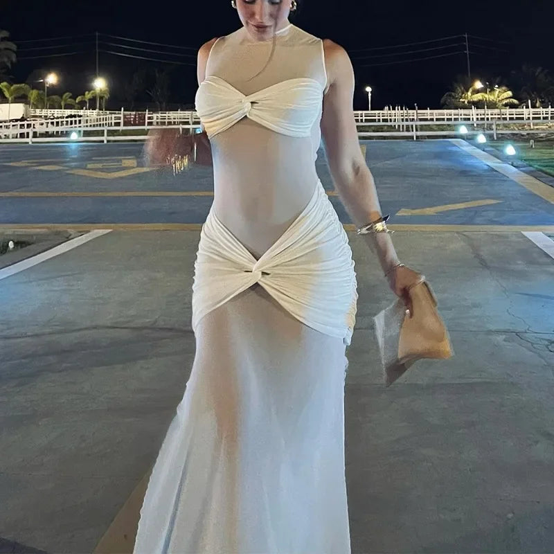 Mesh Mock Neck Sleeveless Knotted Bandeau Ruched Waist Maxi Dress