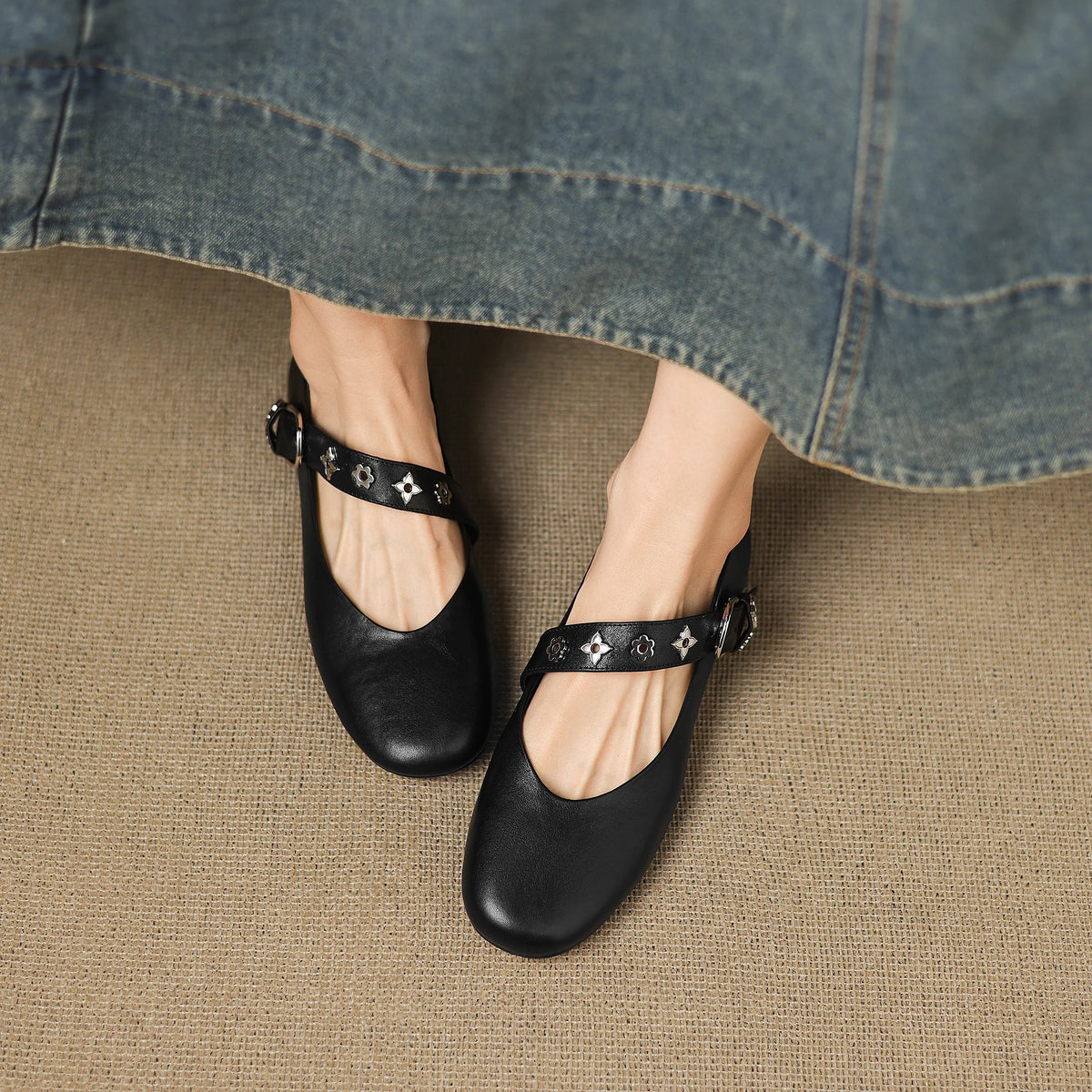 Square Toe Buckle Strap Mary Jane Flats