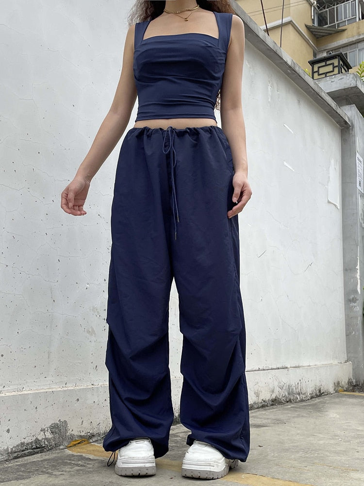 Mojoyce Streetwear Drawstring Low Waist Casual Blue Women's Pants Harajuku Baggy Trousers Hip Hop Wide Leg Capris Summer Chic