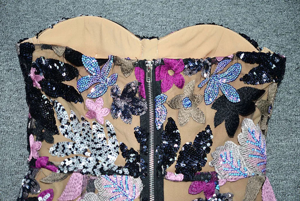 Sequin Floral Strapless Sweetheart Bodycon Maxi Dress