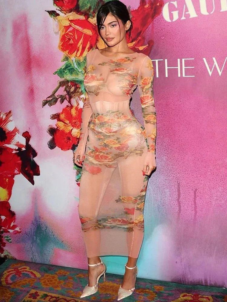 Floral Mesh See Through Maxi Dress - View 3