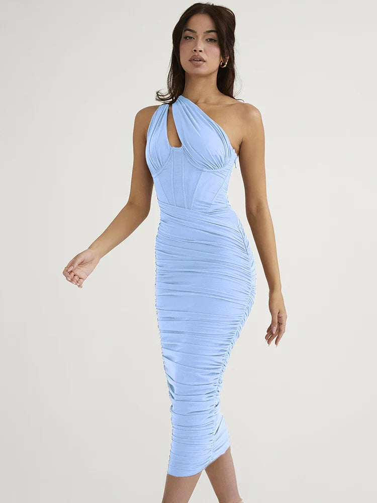 Mesh One Shoulder Backless Ruched Midi Dress - View 4