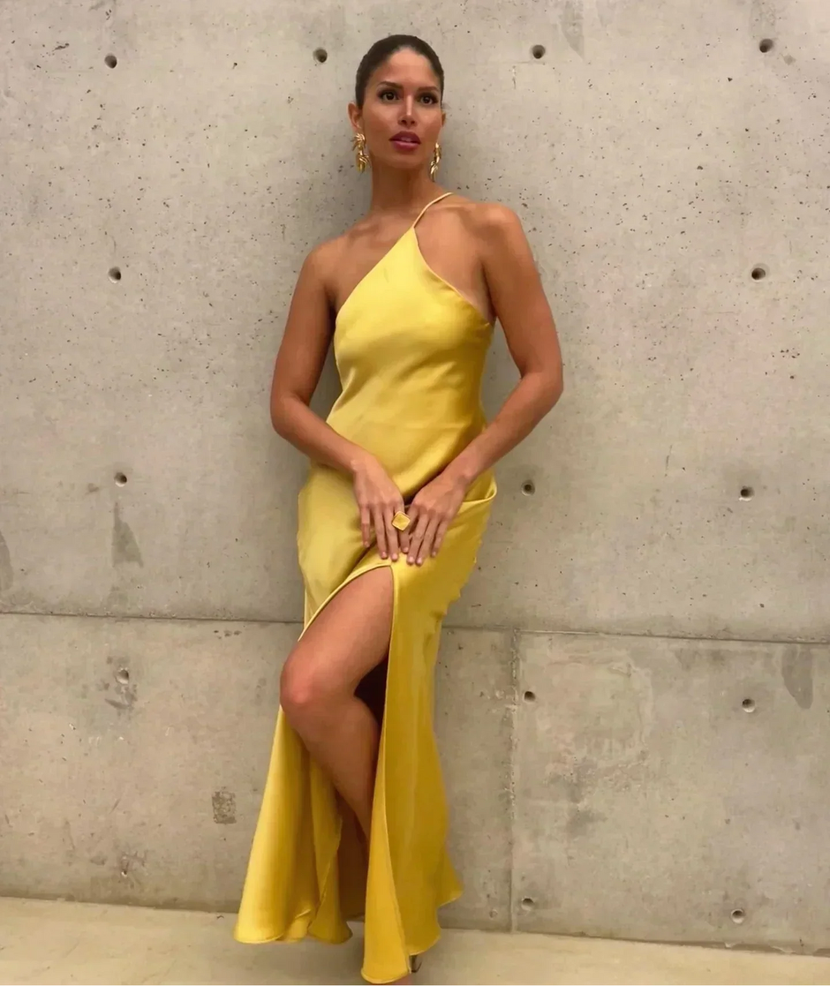 Backless Satin Slant Shoulder Solid Slit Long Dress - View 14