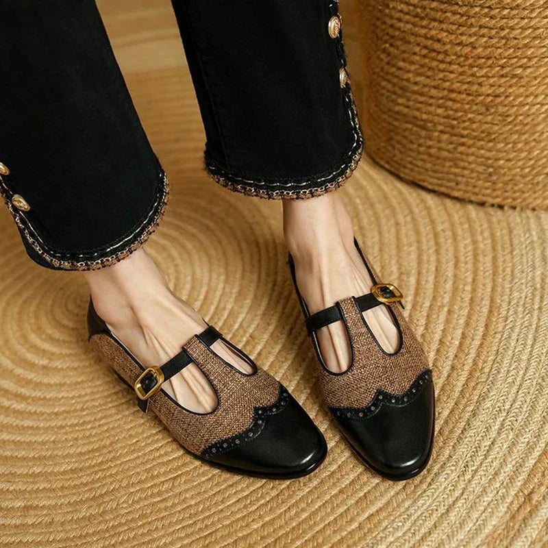 Pointed Toe T-Strap Buckle Brogue Flats